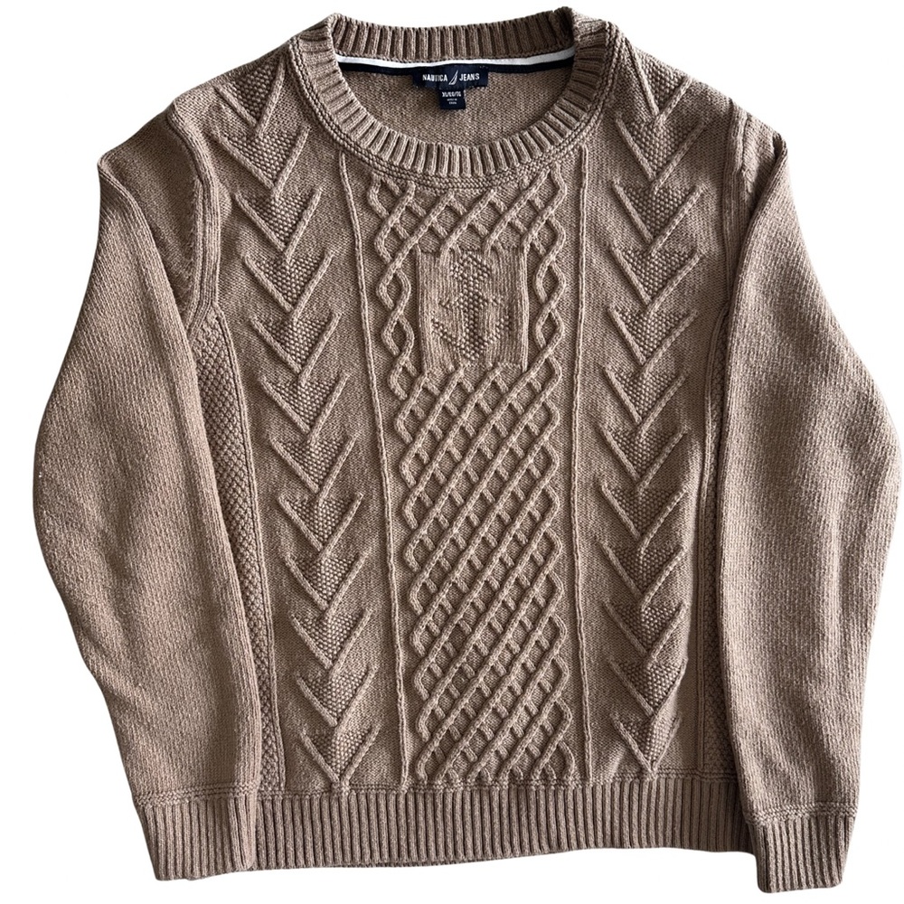 Nautica Anchor Fisherman Cable Knit Sweater XL Cotton Wool Blend Crewneck Beige